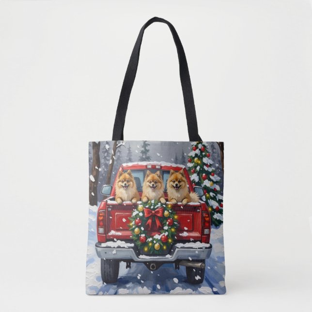 Pomeranian Christmas Red Truck Holiday Gift Tote Bag (Front)