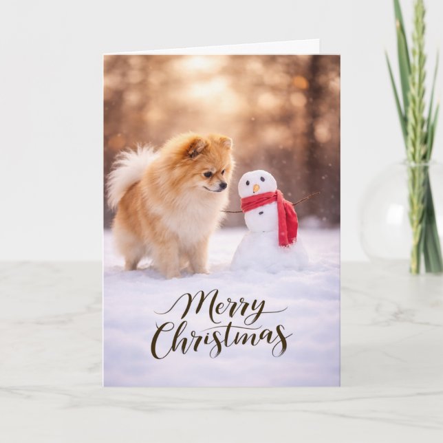 Pomeranian Christmas Snowman Holiday Card (Front)