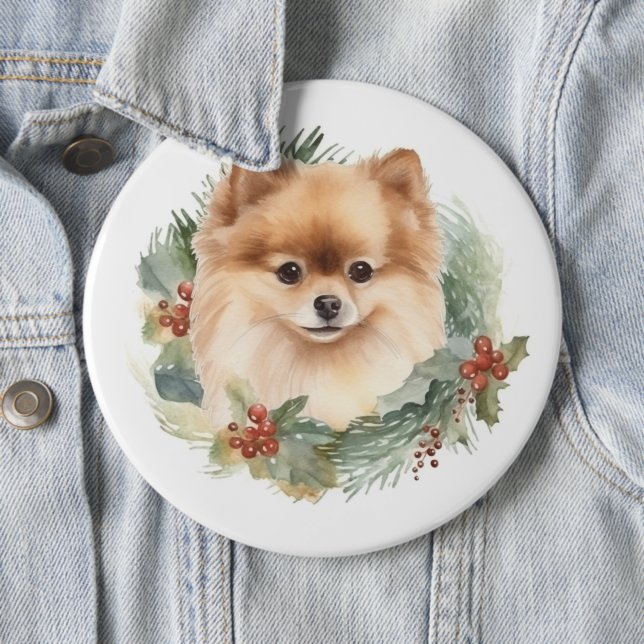 Pomeranian Christmas Wreath Festive Pup 6 Cm Round Badge (In Situ)