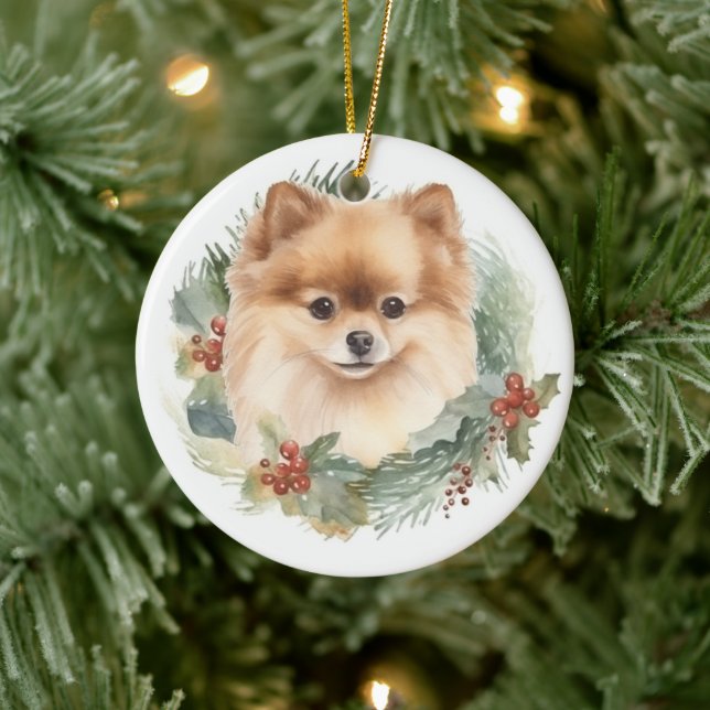 Pomeranian Christmas Wreath Festive Pup Ceramic Ornament (Tree)