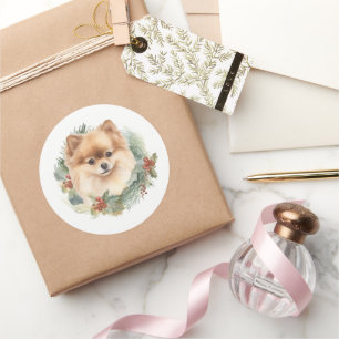 Pomeranian Christmas Wreath Festive Pup Classic Round Sticker