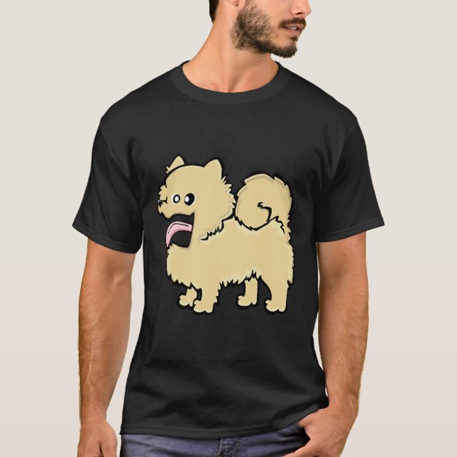 Pomeranian Cream (Full Body) Blue Bg T-Shirt (Front)