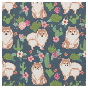 pomeranian dog cactus floral navy blue fabric