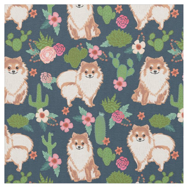 pomeranian dog cactus floral navy blue fabric (Close Up)