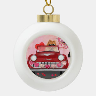 Pomeranian Dog Car with Hearts Valentine's  Ceramic Ball Christmas Ornament