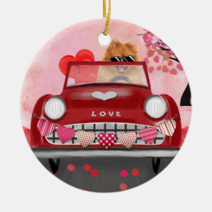 Pomeranian Dog Car with Hearts Valentine's  Ceramic Ornament