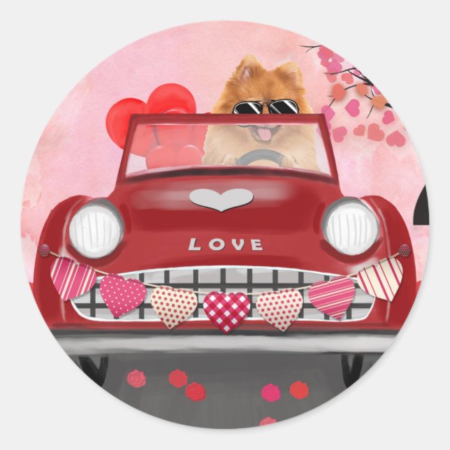 Pomeranian Dog Car with Hearts Valentine's  Classic Round Sticker (Front)