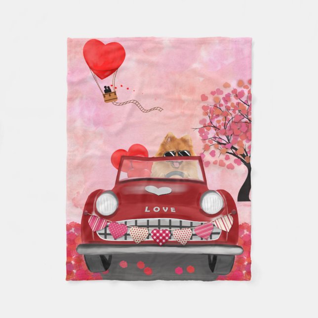 Pomeranian Dog Car with Hearts Valentine's  Fleece Blanket (Front)