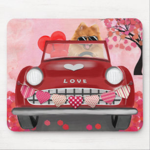 Pomeranian Dog Car with Hearts Valentine's  Mouse Pad