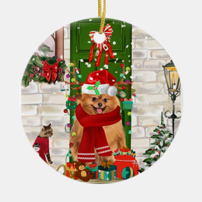 Pomeranian Dog Christmas  Ceramic Ornament (Front)
