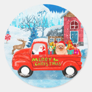 Pomeranian Dog Christmas Delivery Truck Snow Classic Round Sticker