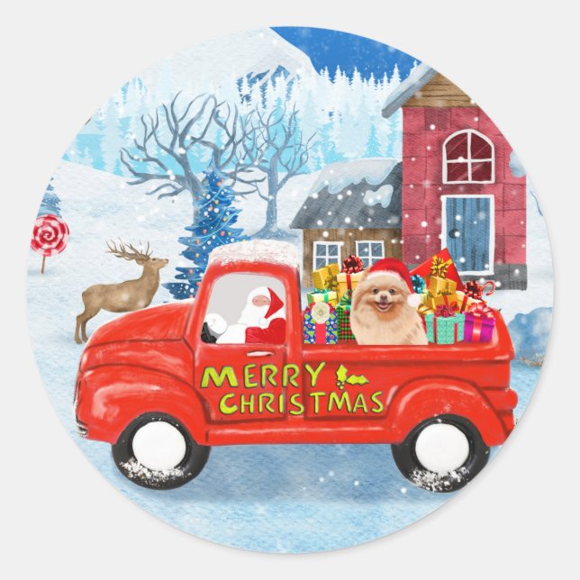 Pomeranian Dog Christmas Delivery Truck Snow Classic Round Sticker (Front)