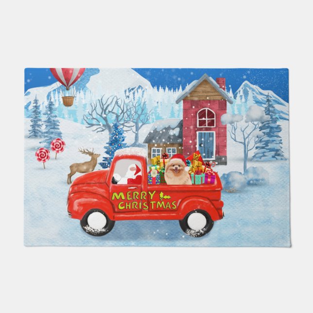Pomeranian Dog Christmas Delivery Truck Snow Doormat (Front)