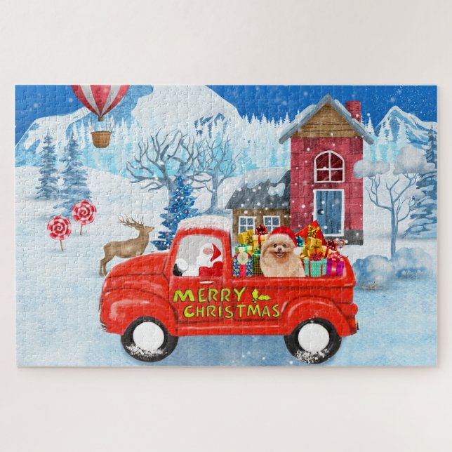 Pomeranian Dog Christmas Delivery Truck Snow Jigsaw Puzzle (Horizontal)
