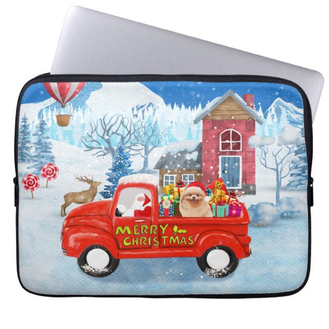 Pomeranian Dog Christmas Delivery Truck Snow Laptop Sleeve (Front)