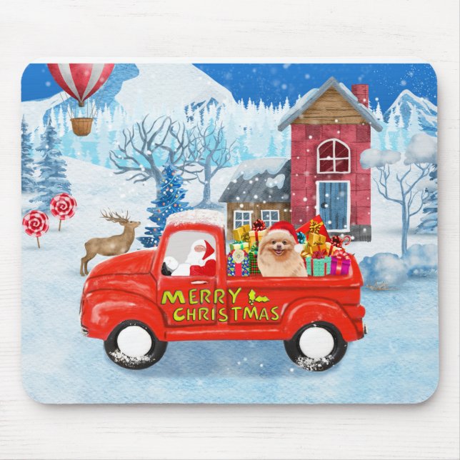 Pomeranian Dog Christmas Delivery Truck Snow Mouse Pad (Front)