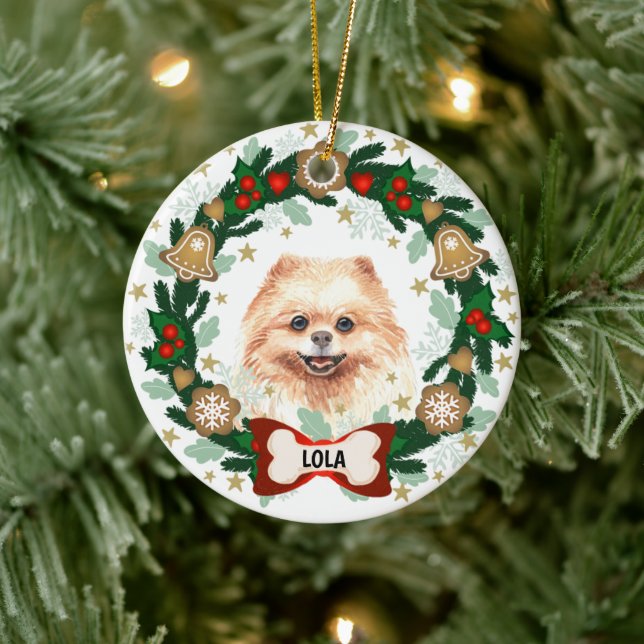 Pomeranian Dog Christmas Dog Cookie Wreath Ceramic Ornament (Tree)