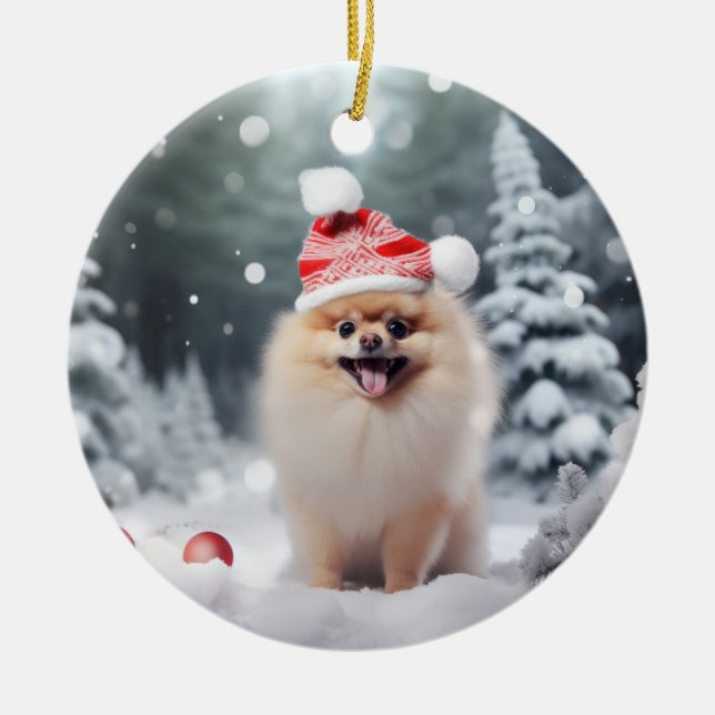 Pomeranian Dog Christmas Keepsake Ceramic Ornament (Front)