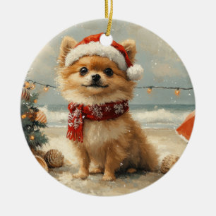 Pomeranian Dog Christmas Vintage Beach Ceramic Ornament