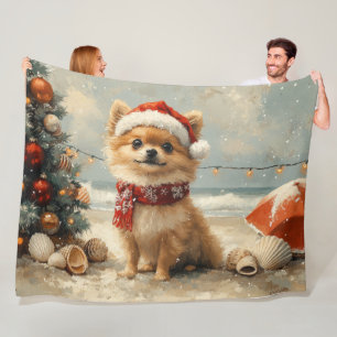 Pomeranian Dog Christmas Vintage Beach Fleece Blanket