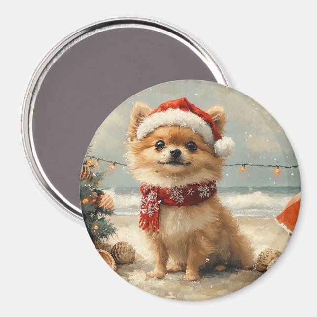 Pomeranian Dog Christmas Vintage Beach  Magnet (Front/Back)