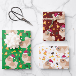 Pomeranian Dog Christmas With Santa hat Wrapping Paper Sheet