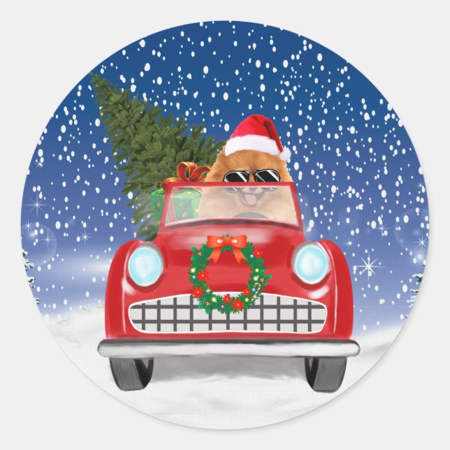 Pomeranian Dog Driving Car In Snow Christmas  Classic Round Sticker (Front)