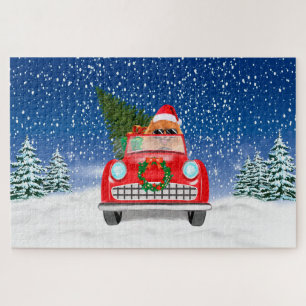 Pomeranian Dog Driving Car In Snow Christmas  Jigsaw Puzzle