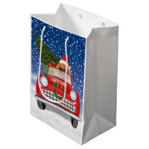 Pomeranian Dog Driving Car In Snow Christmas  Medium Gift Bag