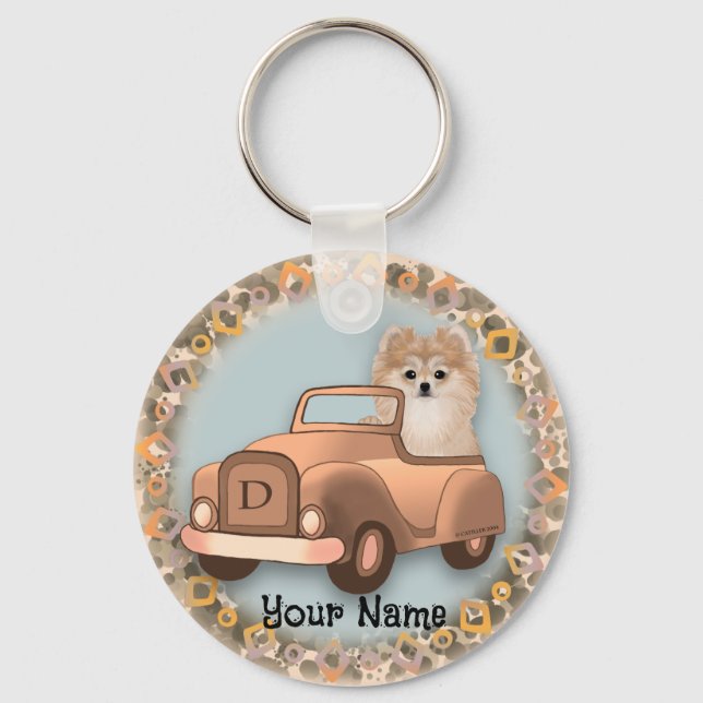 Pomeranian Dog Driving Car Key Ring (Front)