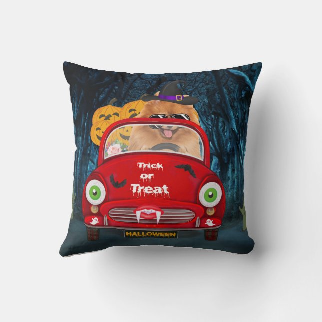 Pomeranian Dog Driving Car Scary Halloween  Cushion (Back)