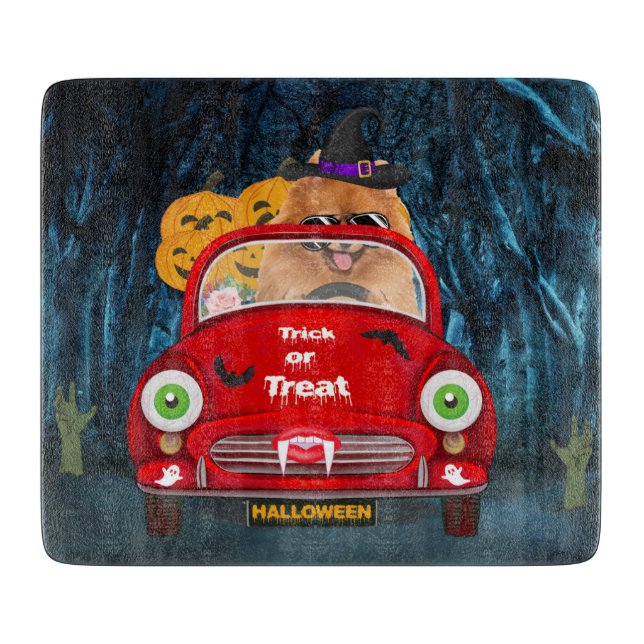 Pomeranian Dog Driving Car Scary Halloween Cutting Board (Front)