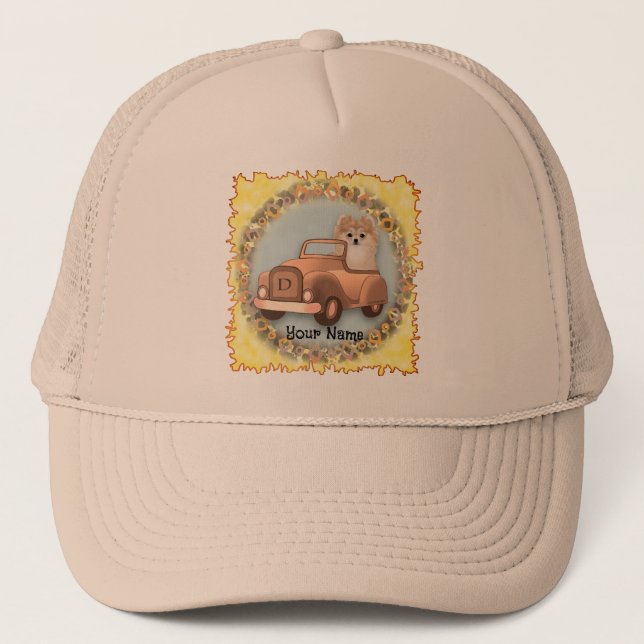 Pomeranian Dog Driving Car Trucker Hat (Front)