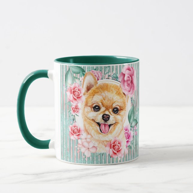 Pomeranian dog face illustration cute modern pink mug (Left)