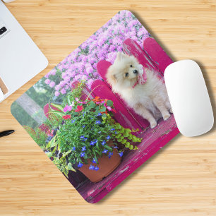 Pomeranian Dog Florals Rustic Garden Bench Scene Mouse Pad