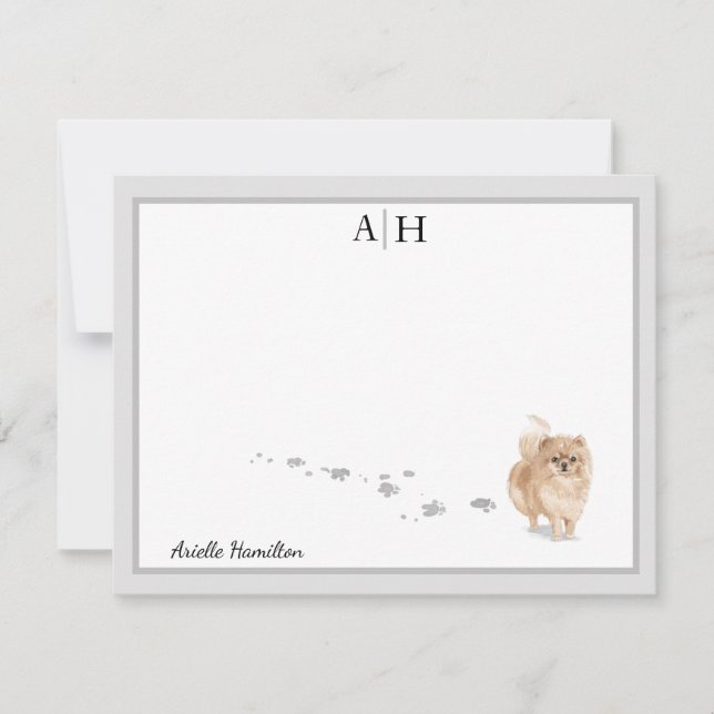 Pomeranian Dog Grey Border Monogram Personalised Card (Front)
