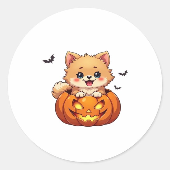 Pomeranian dog Happy Halloween pumpkin Classic T-S Classic Round Sticker (Front)