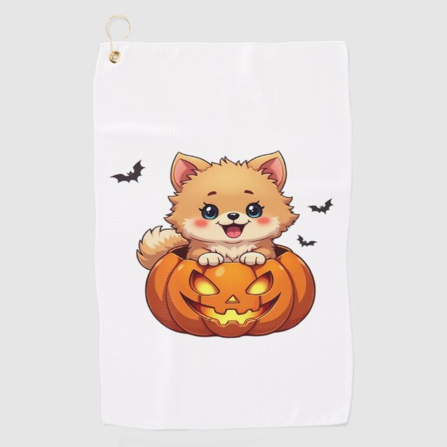Pomeranian dog Happy Halloween pumpkin Classic T-S Golf Towel (Front)
