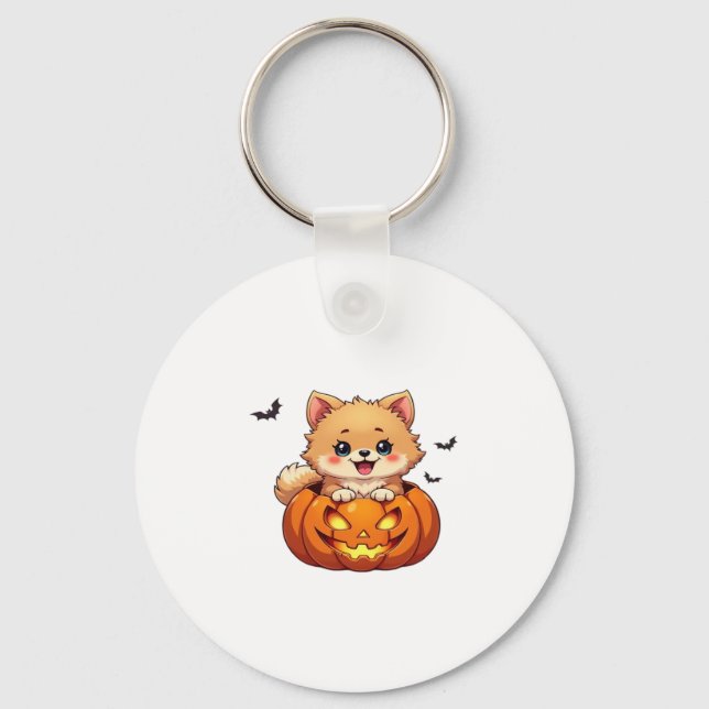 Pomeranian dog Happy Halloween pumpkin Classic T-S Key Ring (Front)