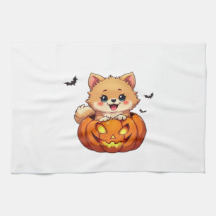 Pomeranian dog Happy Halloween pumpkin Classic T-S Tea Towel
