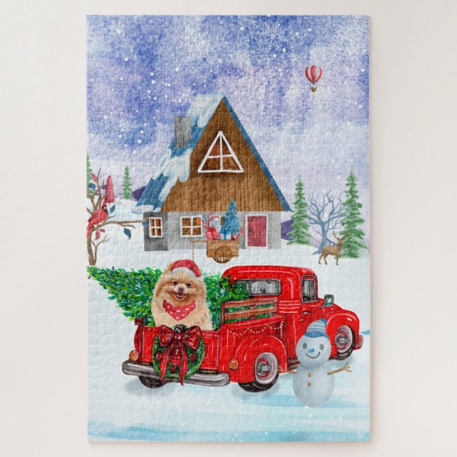 Pomeranian Dog In Christmas Delivery Truck Snow Jigsaw Puzzle (Vertical)