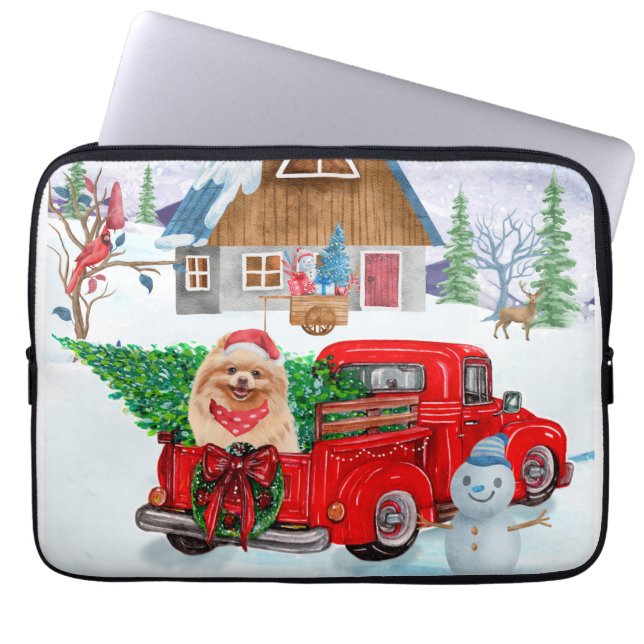 Pomeranian Dog In Christmas Delivery Truck Snow  Laptop Sleeve (Front)