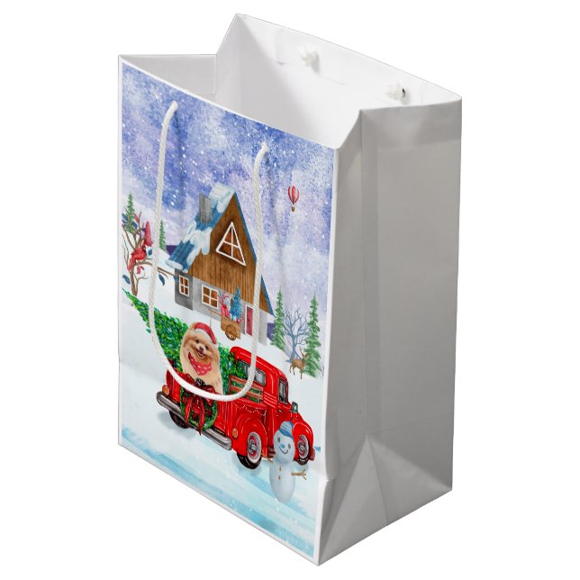 Pomeranian Dog In Christmas Delivery Truck Snow Medium Gift Bag (Front Angled)