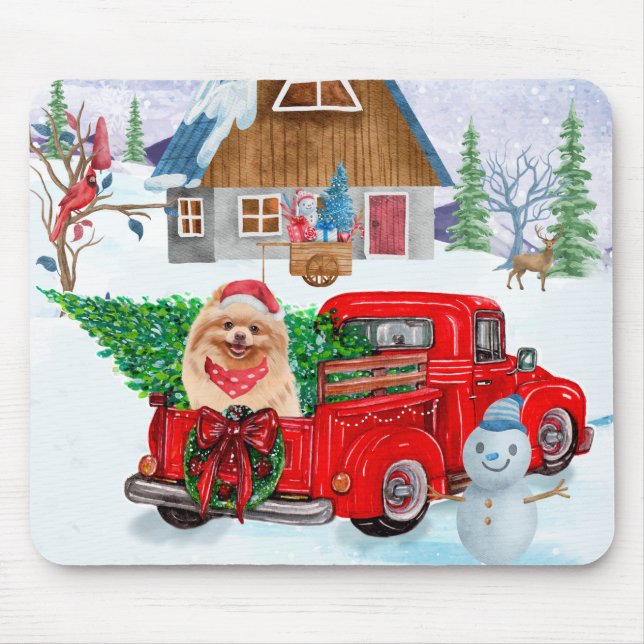 Pomeranian Dog In Christmas Delivery Truck Snow  Mouse Pad (Front)