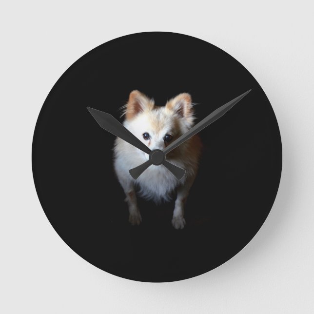 Pomeranian Dog in Dark Round Clock (Front)