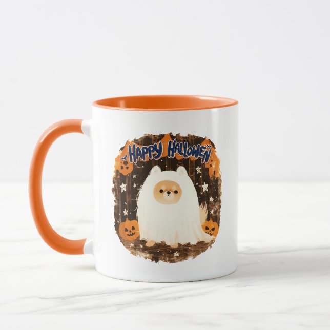 Pomeranian Dog in Ghost Costume – Happy Halloween Mug (Left)