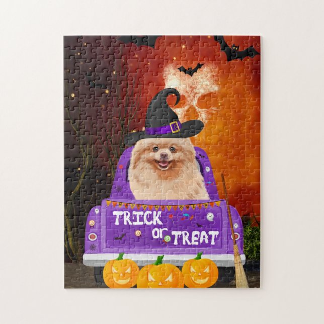 Pomeranian Dog in Halloween Truck Jigsaw Puzzle (Vertical)