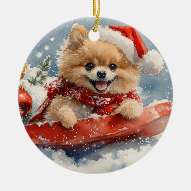 Pomeranian Dog in Sledge Let it Snow Christmas Ceramic Ornament (Front)
