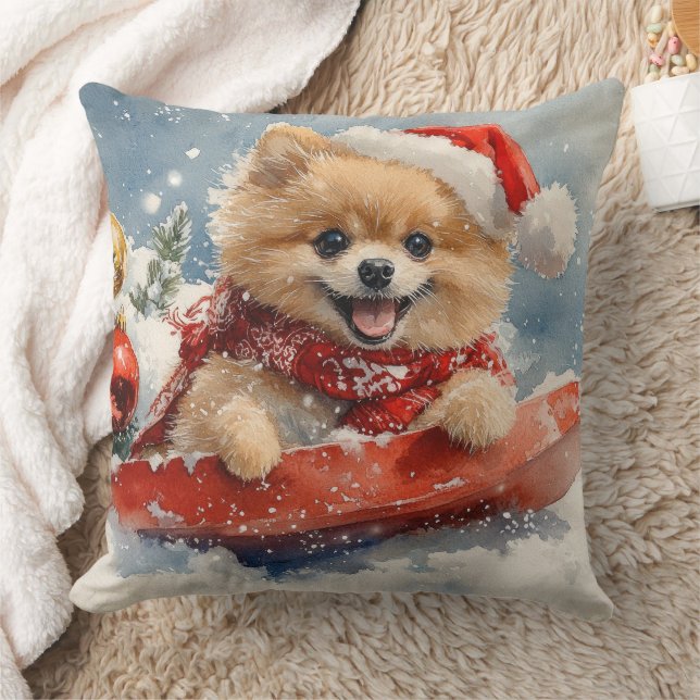 Pomeranian Dog in Sledge Let it Snow Christmas Cushion (Blanket)