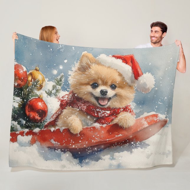 Pomeranian Dog in Sledge Let it Snow Christmas Fleece Blanket (In Situ)